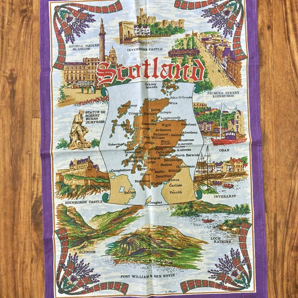 Vintage 80s Clive Mayor Scotland Attractions Cotton Tea Towel, Made in Britain